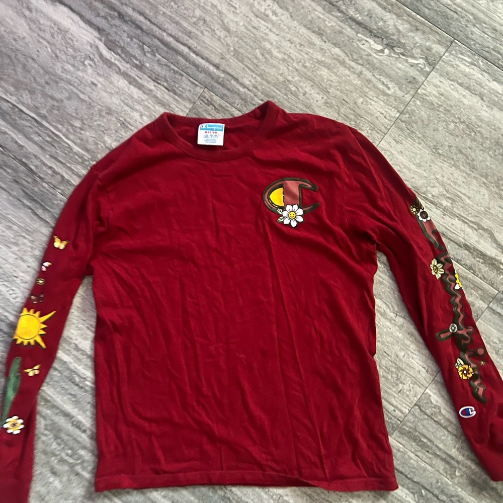 Champion Red Long Sleeve Tee with Sun & Floral Sleeve Art